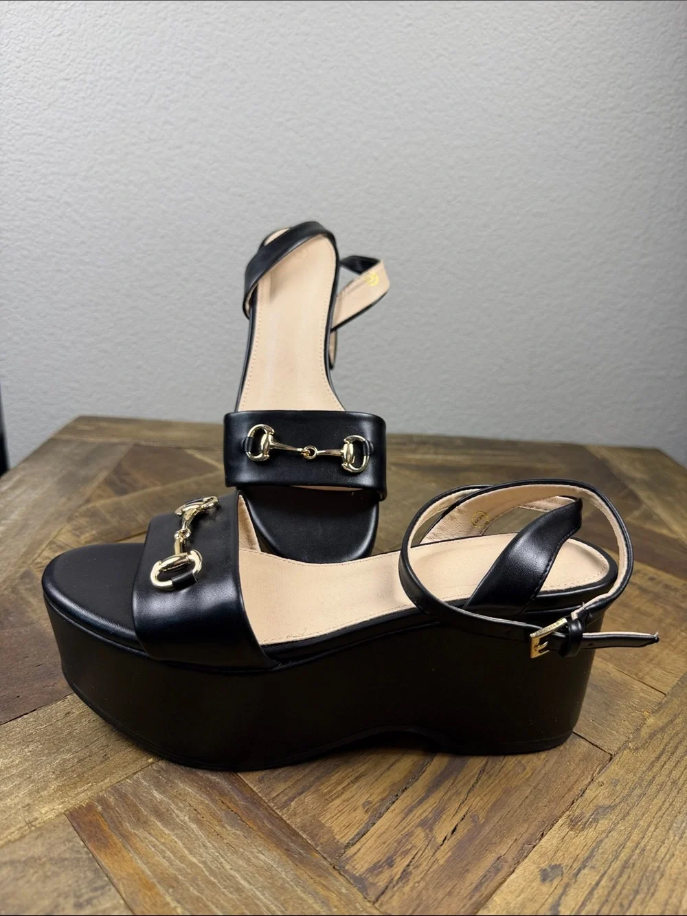 Size 6 ZBY Black Platform Sandals with Gold Bit Accent